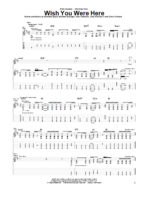 Incubus Wish You Were Here Sheet Music Notes & Chords for Guitar Lead Sheet - Download or Print PDF