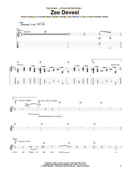 Incubus Zee Deveel Sheet Music Notes & Chords for Guitar Tab - Download or Print PDF
