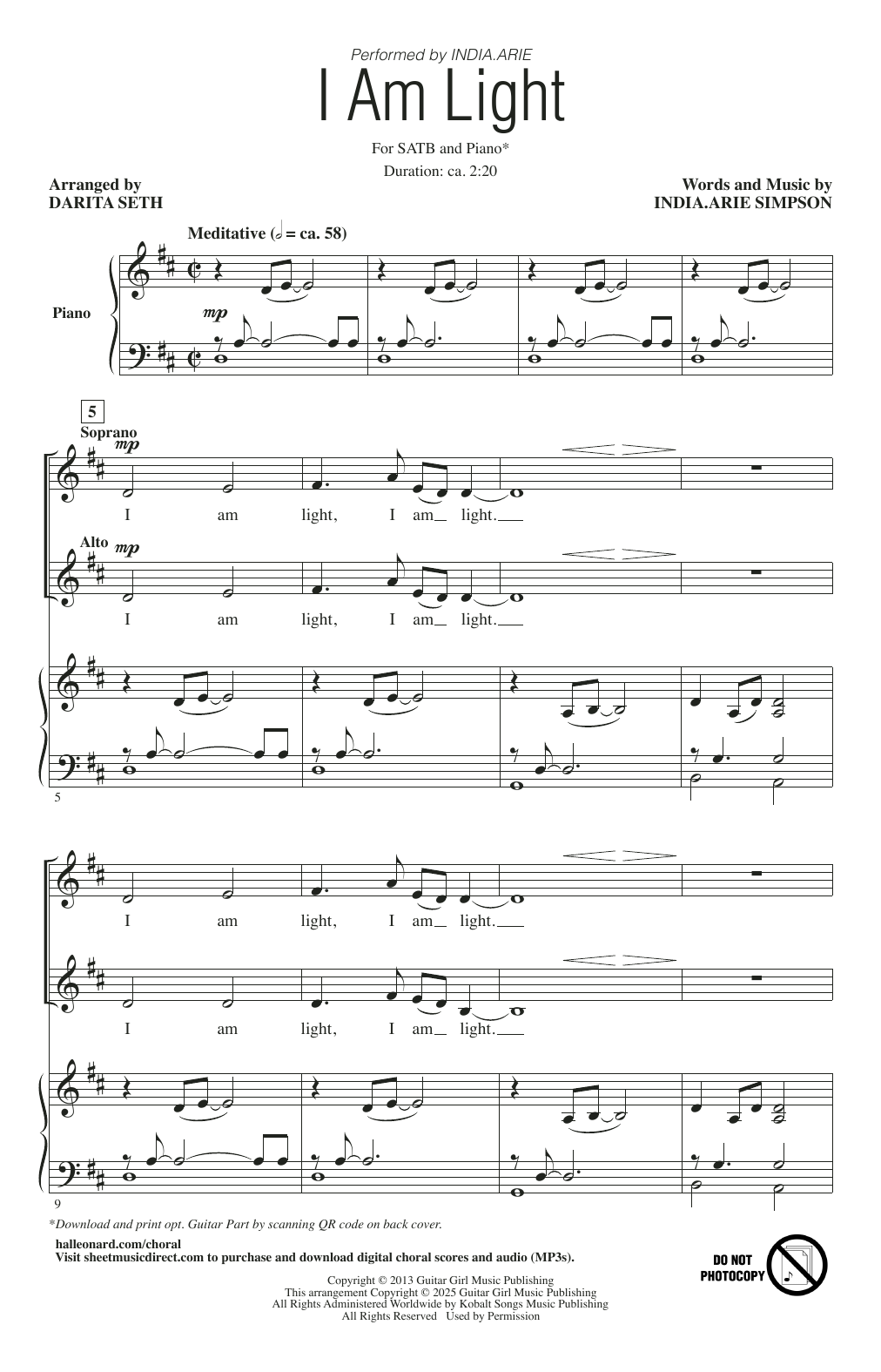 India.Arie I Am Light (arr. Darita Seth) Sheet Music Notes & Chords for SATB Choir - Download or Print PDF India.Arie I Am Light (arr. Darita Seth) Sheet Music Notes & Chords for SATB Choir - Download or Print PDF