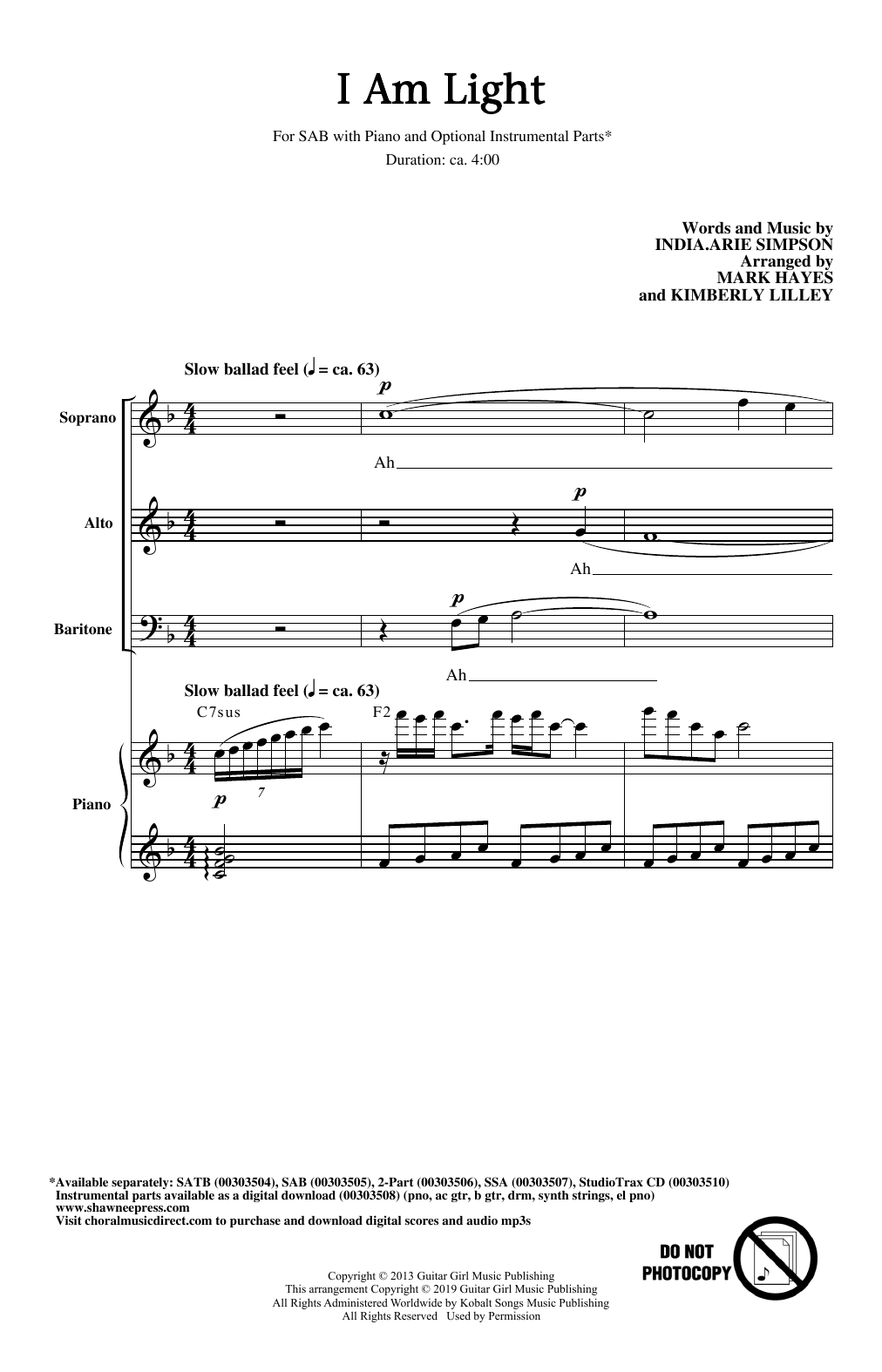 India.Arie I Am Light (arr. Mark Hayes and Kimberly Lilley) Sheet Music Notes & Chords for SSA Choir - Download or Print PDF