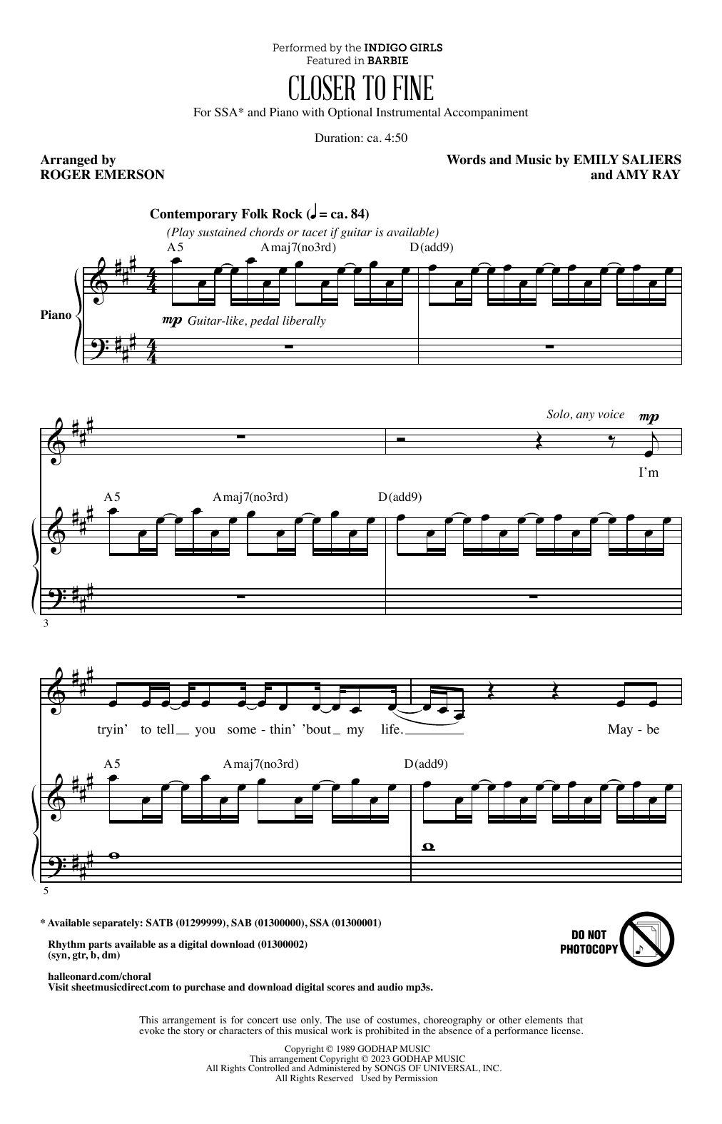 Indigo Girls Closer To Fine (arr. Roger Emerson) Sheet Music Notes & Chords for SSA Choir - Download or Print PDF