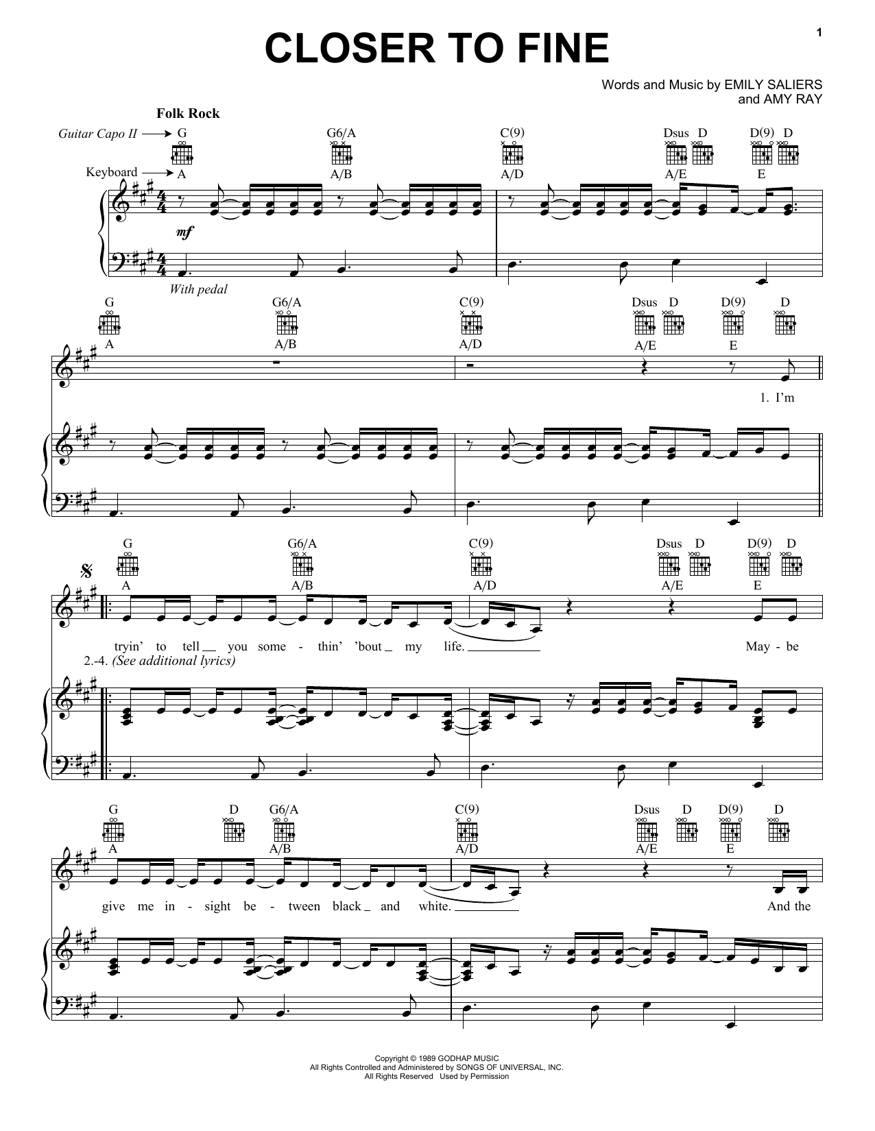 Indigo Girls Closer To Fine Sheet Music Notes & Chords for Piano, Vocal & Guitar (Right-Hand Melody) - Download or Print PDF