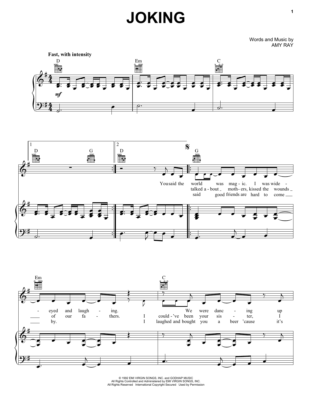 Indigo Girls Joking Sheet Music Notes & Chords for Piano, Vocal & Guitar (Right-Hand Melody) - Download or Print PDF