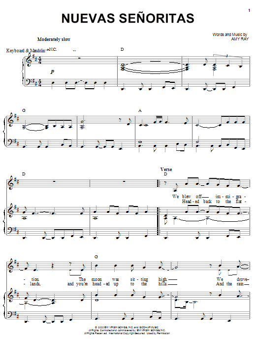 Indigo Girls Nuevas Senoritas Sheet Music Notes & Chords for Piano, Vocal & Guitar (Right-Hand Melody) - Download or Print PDF