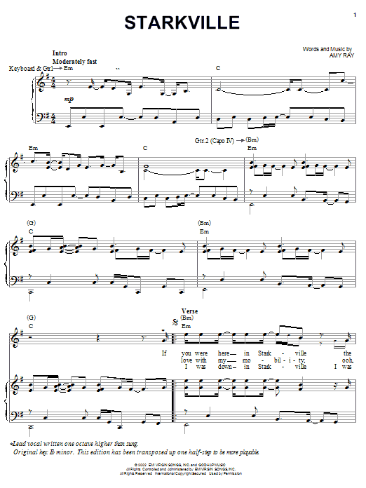 Indigo Girls Starkville Sheet Music Notes & Chords for Piano, Vocal & Guitar (Right-Hand Melody) - Download or Print PDF