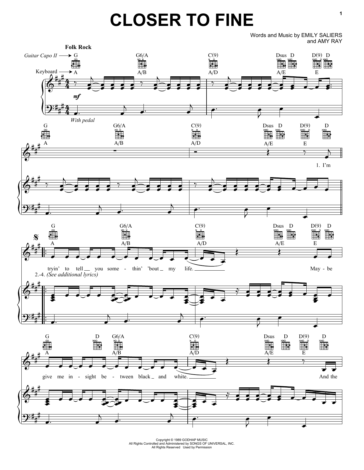 Preview Indigo Girls Closer To Fine Pop sheet music, notes and chords for Guitar Tab Play-Along, SKU: 72969 Closer To Fine sheet music