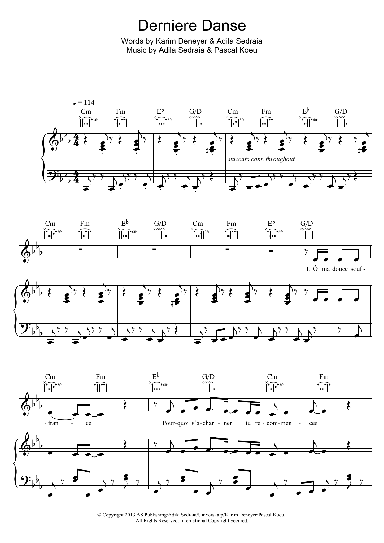 Indila Derniere Danse Sheet Music Notes & Chords for Piano, Vocal & Guitar (Right-Hand Melody) - Download or Print PDF
