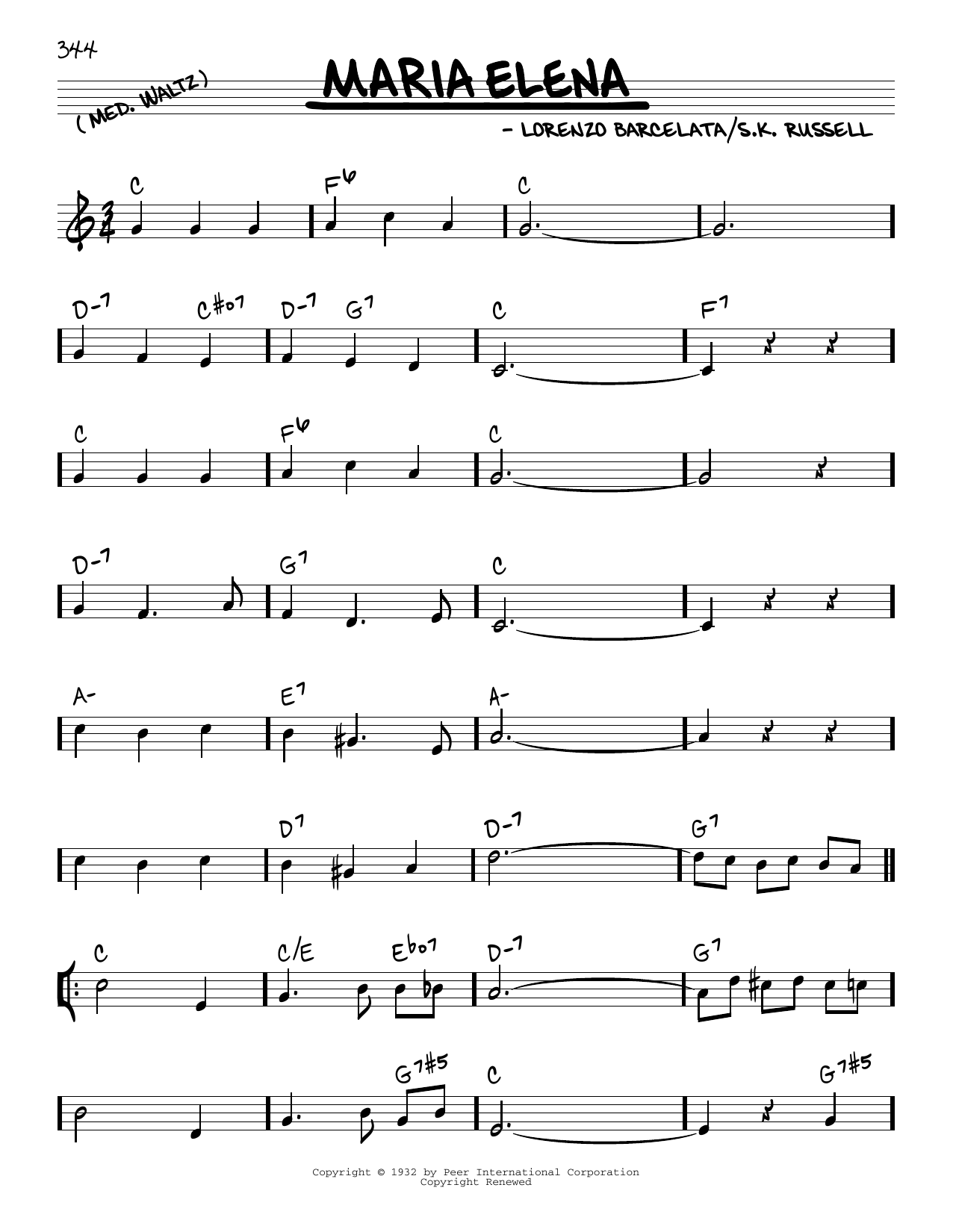 Indios Trabajaras Maria Elena Sheet Music Notes & Chords for Real Book – Melody & Chords - Download or Print PDF
