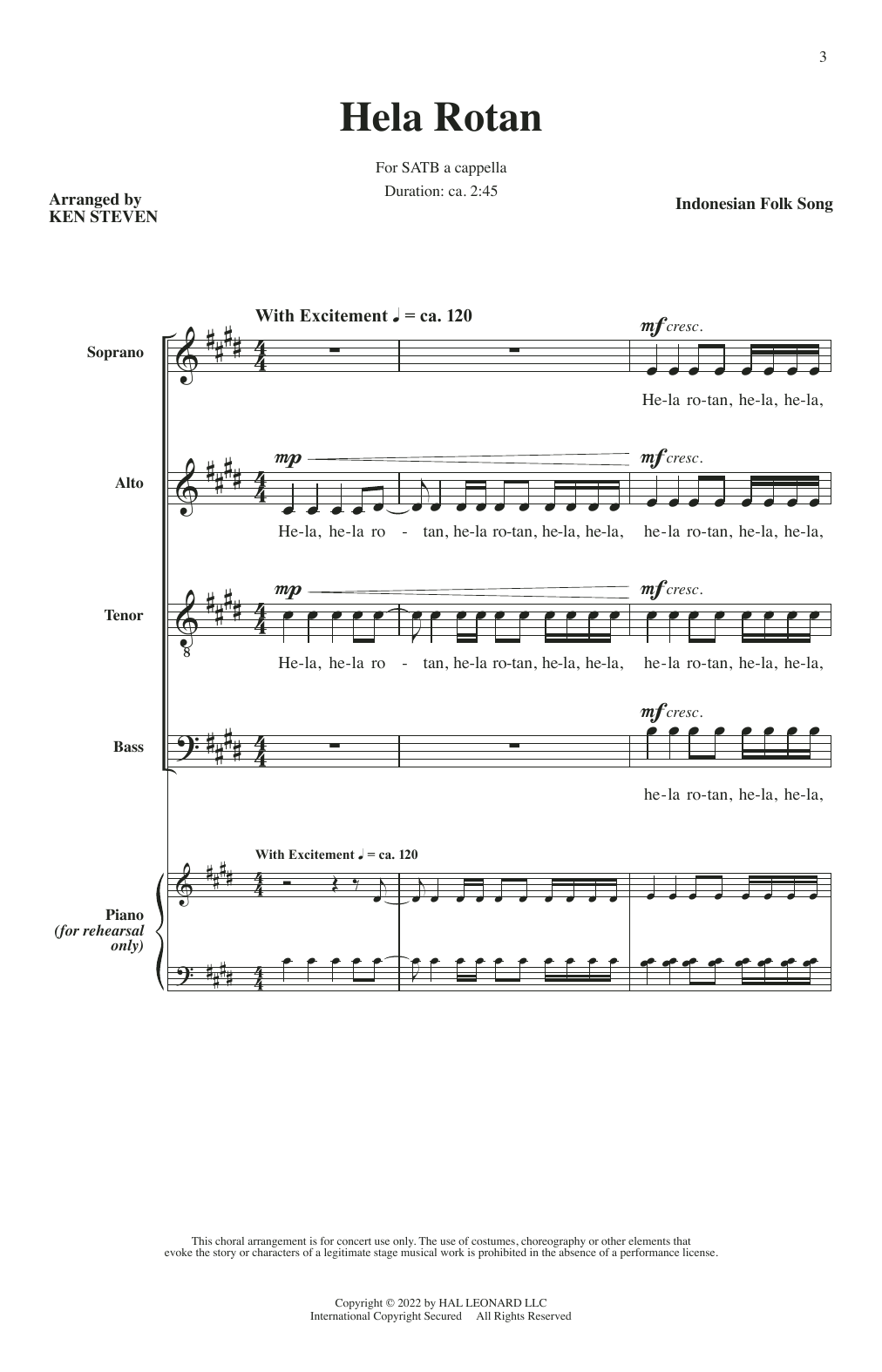 Indonesian Folk Song Hela Rotan (arr. Ken Steven) Sheet Music Notes & Chords for SATB Choir - Download or Print PDF