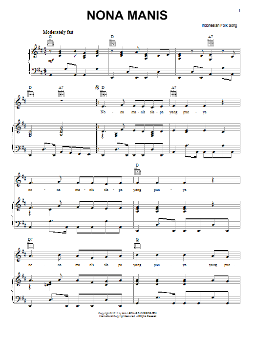 Indonesian Folk Song Nona Manis Sheet Music Notes & Chords for Piano, Vocal & Guitar (Right-Hand Melody) - Download or Print PDF