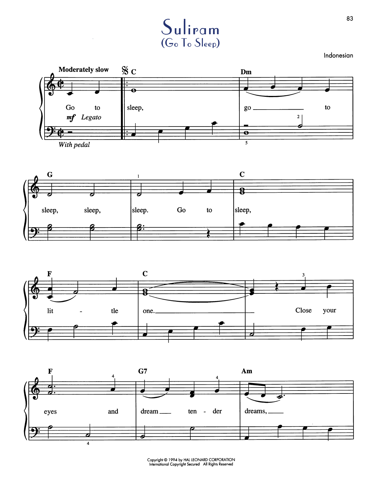 Indonesian Folksong Suliram (Go To Sleep) Sheet Music Notes & Chords for Easy Piano - Download or Print PDF