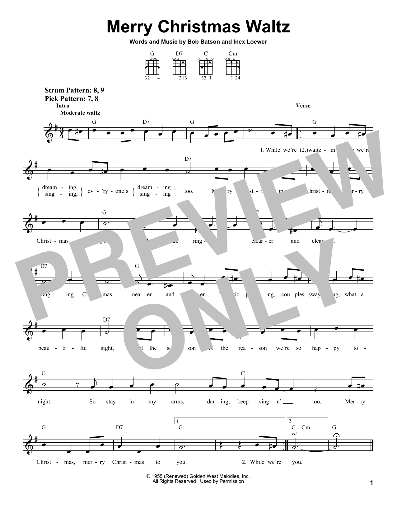 Inez Loewer Merry Christmas Waltz Sheet Music Notes & Chords for Easy Guitar - Download or Print PDF
