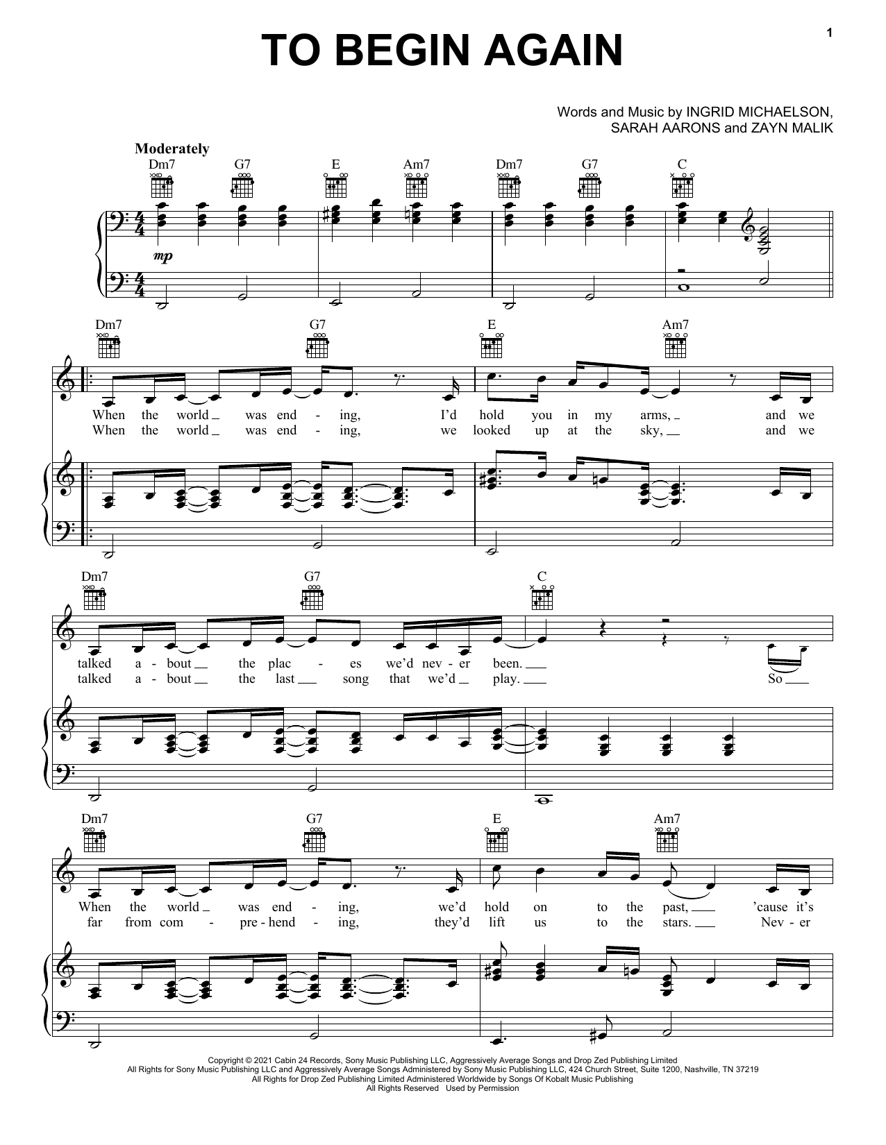 Ingrid Michaelson & ZAYN To Begin Again Sheet Music Notes & Chords for Piano, Vocal & Guitar (Right-Hand Melody) - Download or Print PDF