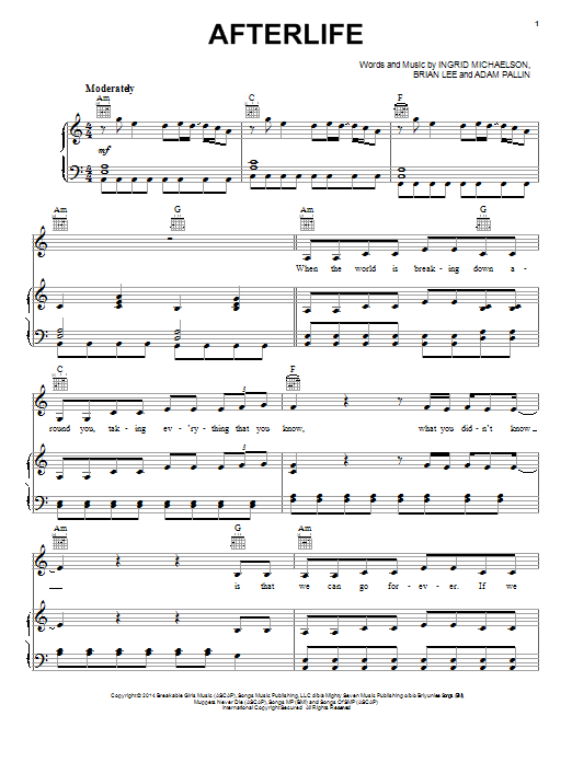 Ingrid Michaelson Afterlife Sheet Music Notes & Chords for Piano, Vocal & Guitar (Right-Hand Melody) - Download or Print PDF