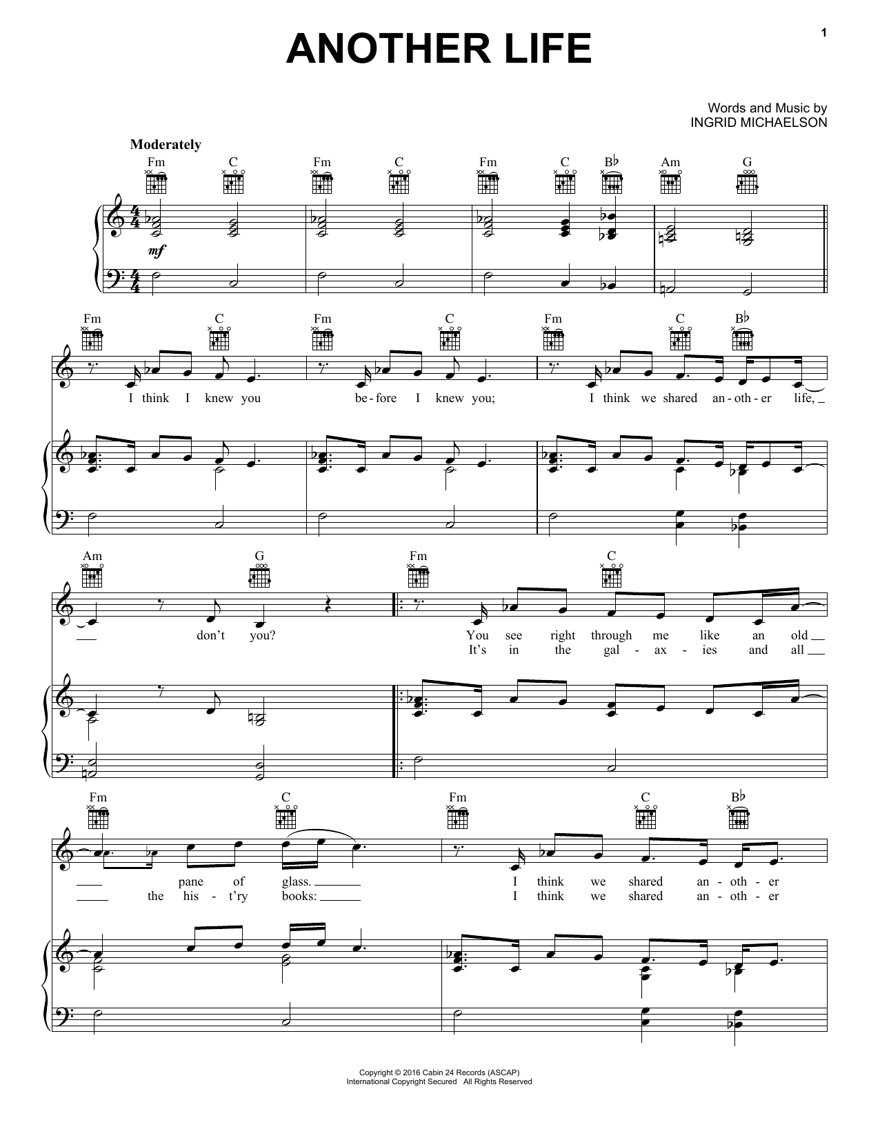 Ingrid Michaelson Another Life Sheet Music Notes & Chords for Piano, Vocal & Guitar (Right-Hand Melody) - Download or Print PDF