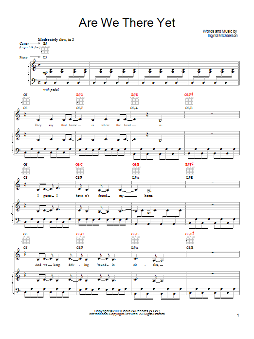 Ingrid Michaelson Are We There Yet Sheet Music Notes & Chords for Piano, Vocal & Guitar (Right-Hand Melody) - Download or Print PDF