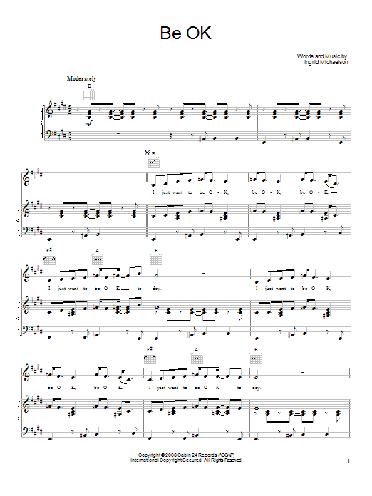 Ingrid Michaelson Be OK Sheet Music Notes & Chords for Lyrics & Chords - Download or Print PDF