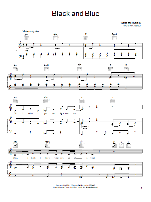 Ingrid Michaelson Black And Blue Sheet Music Notes & Chords for Piano, Vocal & Guitar (Right-Hand Melody) - Download or Print PDF