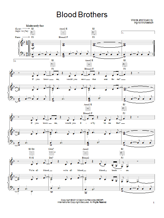 Ingrid Michaelson Blood Brothers Sheet Music Notes & Chords for Piano, Vocal & Guitar (Right-Hand Melody) - Download or Print PDF