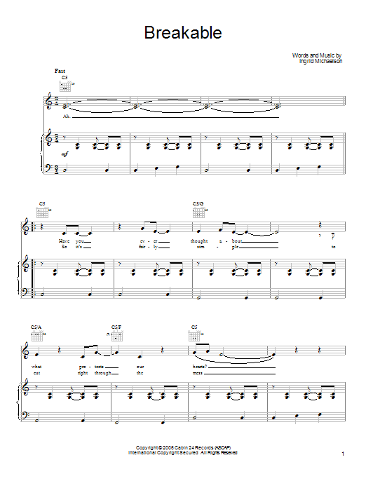Ingrid Michaelson Breakable Sheet Music Notes & Chords for Very Easy Piano - Download or Print PDF