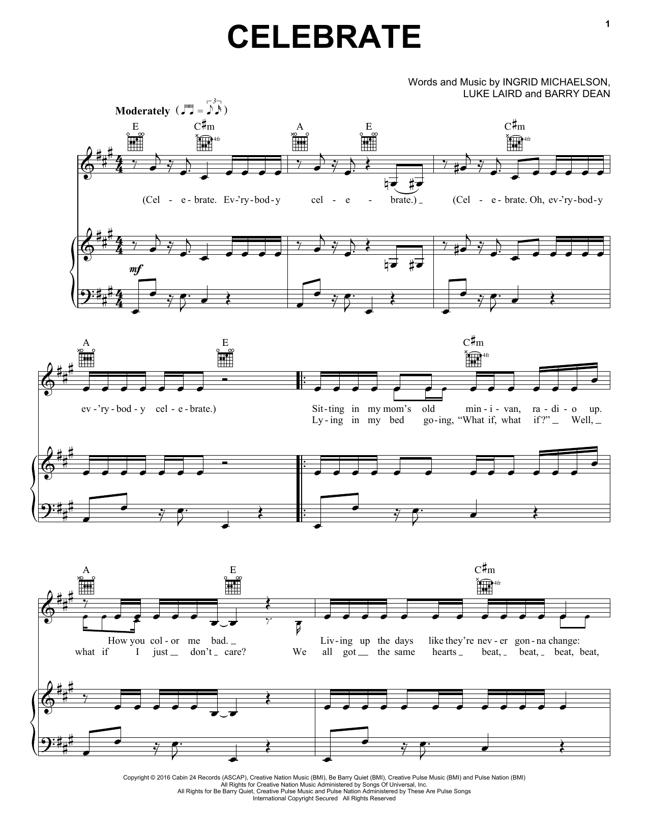 Ingrid Michaelson Celebrate Sheet Music Notes & Chords for Piano, Vocal & Guitar (Right-Hand Melody) - Download or Print PDF
