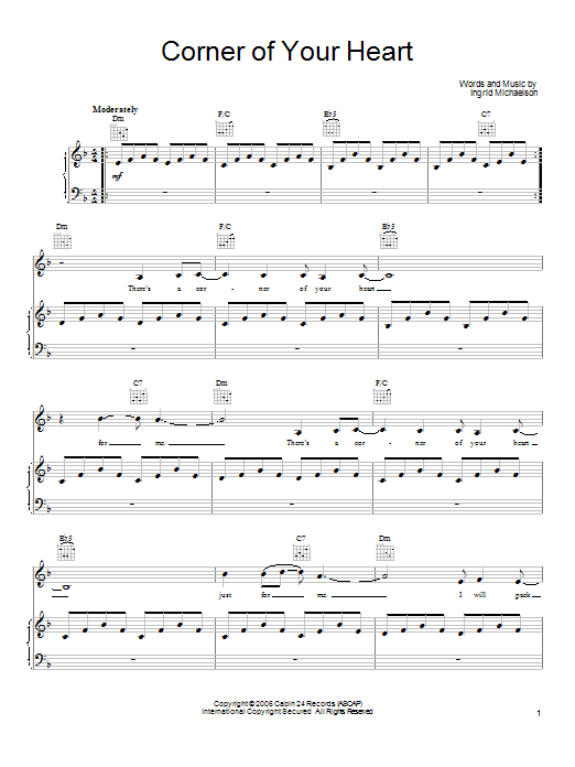 Ingrid Michaelson Corner Of Your Heart Sheet Music Notes & Chords for Piano, Vocal & Guitar (Right-Hand Melody) - Download or Print PDF