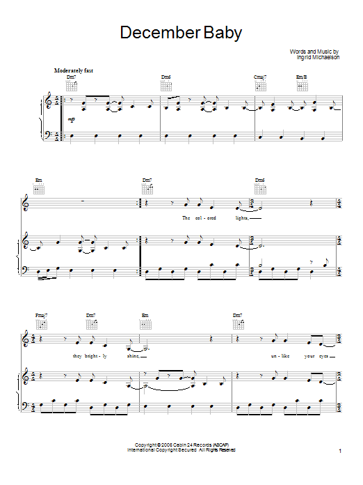 Ingrid Michaelson December Baby Sheet Music Notes & Chords for Piano, Vocal & Guitar (Right-Hand Melody) - Download or Print PDF