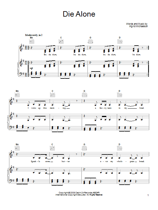 Ingrid Michaelson Die Alone Sheet Music Notes & Chords for Ukulele with strumming patterns - Download or Print PDF