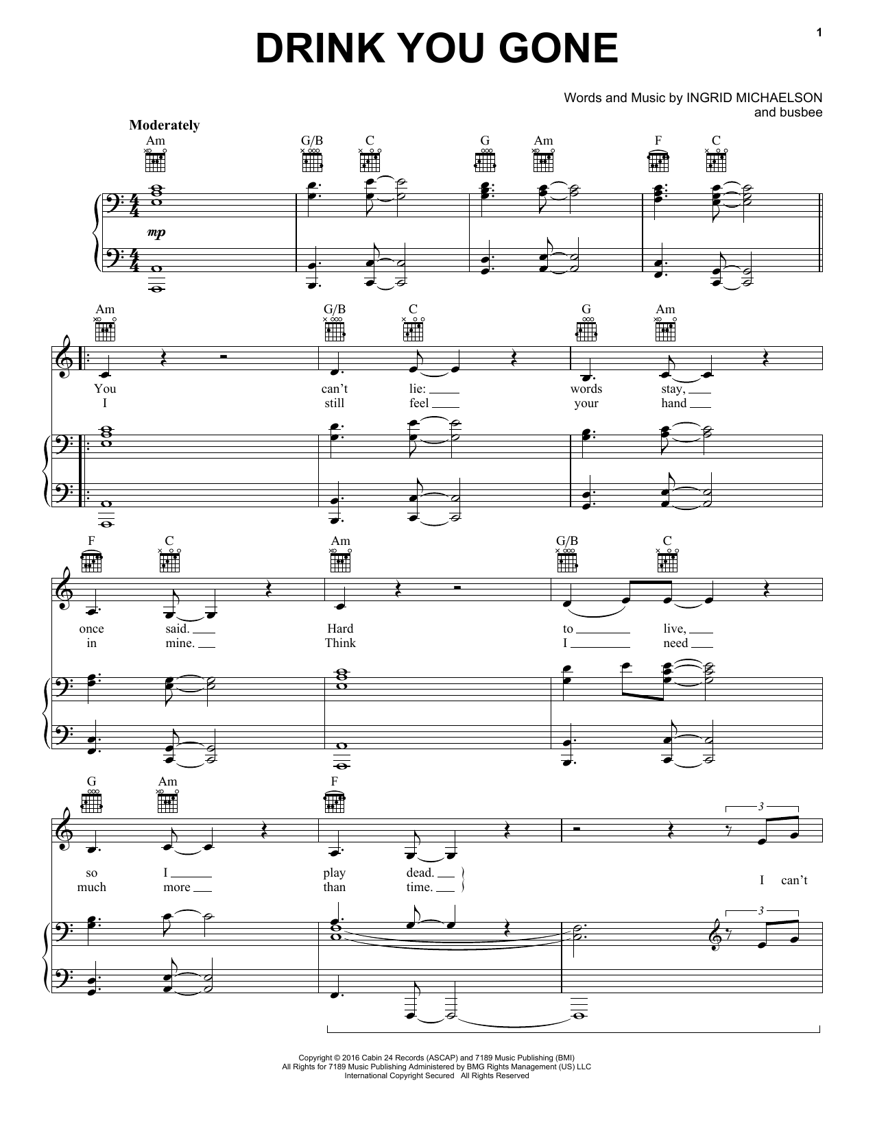 Ingrid Michaelson Drink You Gone Sheet Music Notes & Chords for Piano, Vocal & Guitar (Right-Hand Melody) - Download or Print PDF