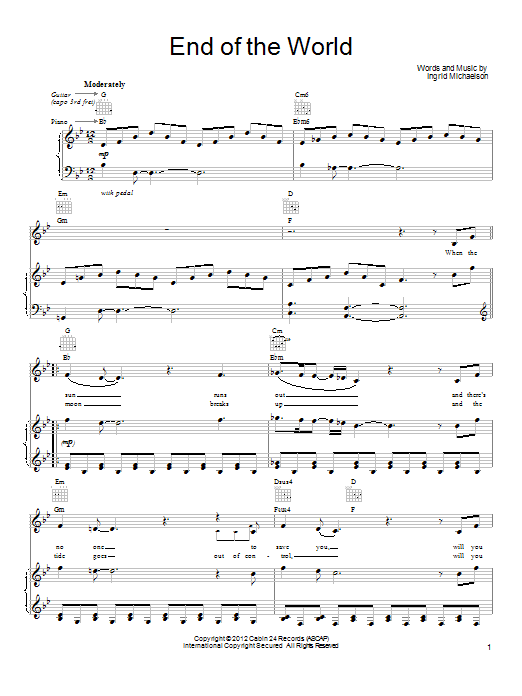 Ingrid Michaelson End Of The World Sheet Music Notes & Chords for Piano, Vocal & Guitar (Right-Hand Melody) - Download or Print PDF