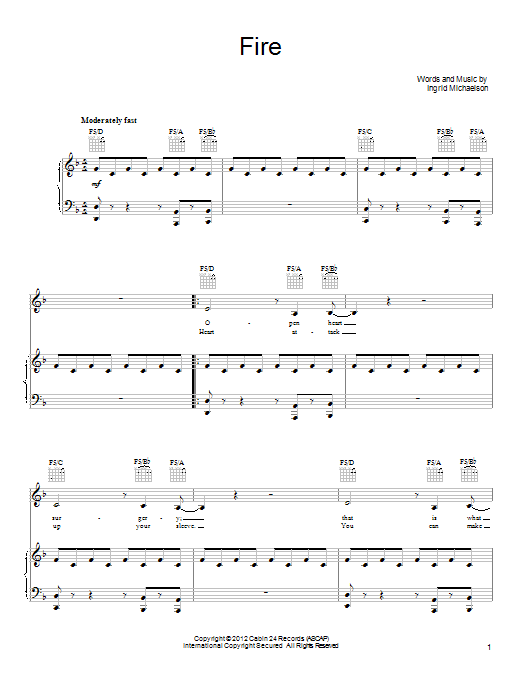 Ingrid Michaelson Fire Sheet Music Notes & Chords for Piano, Vocal & Guitar (Right-Hand Melody) - Download or Print PDF