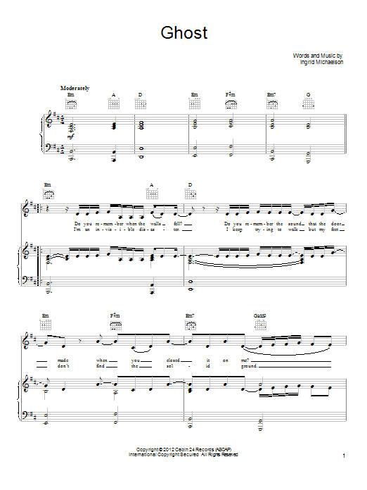 Ingrid Michaelson Ghost Sheet Music Notes & Chords for Piano, Vocal & Guitar (Right-Hand Melody) - Download or Print PDF