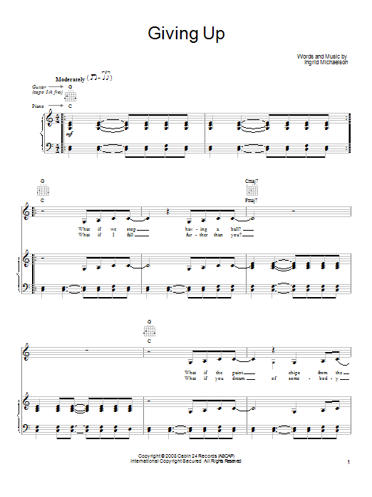 Ingrid Michaelson Giving Up Sheet Music Notes & Chords for Piano, Vocal & Guitar (Right-Hand Melody) - Download or Print PDF