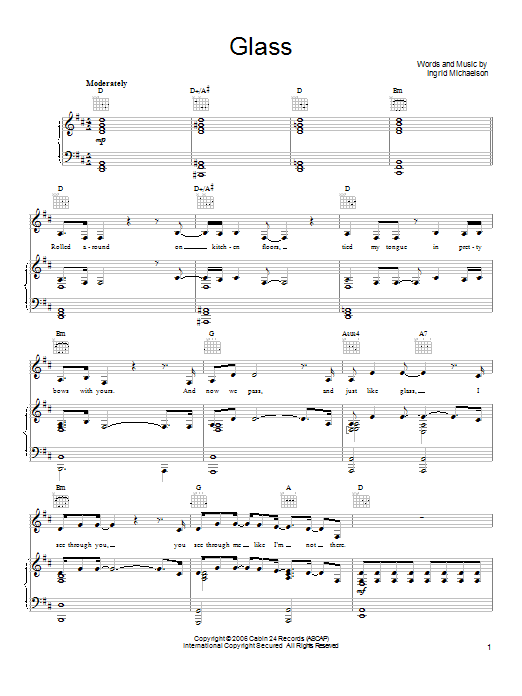 Ingrid Michaelson Glass Sheet Music Notes & Chords for Piano, Vocal & Guitar (Right-Hand Melody) - Download or Print PDF