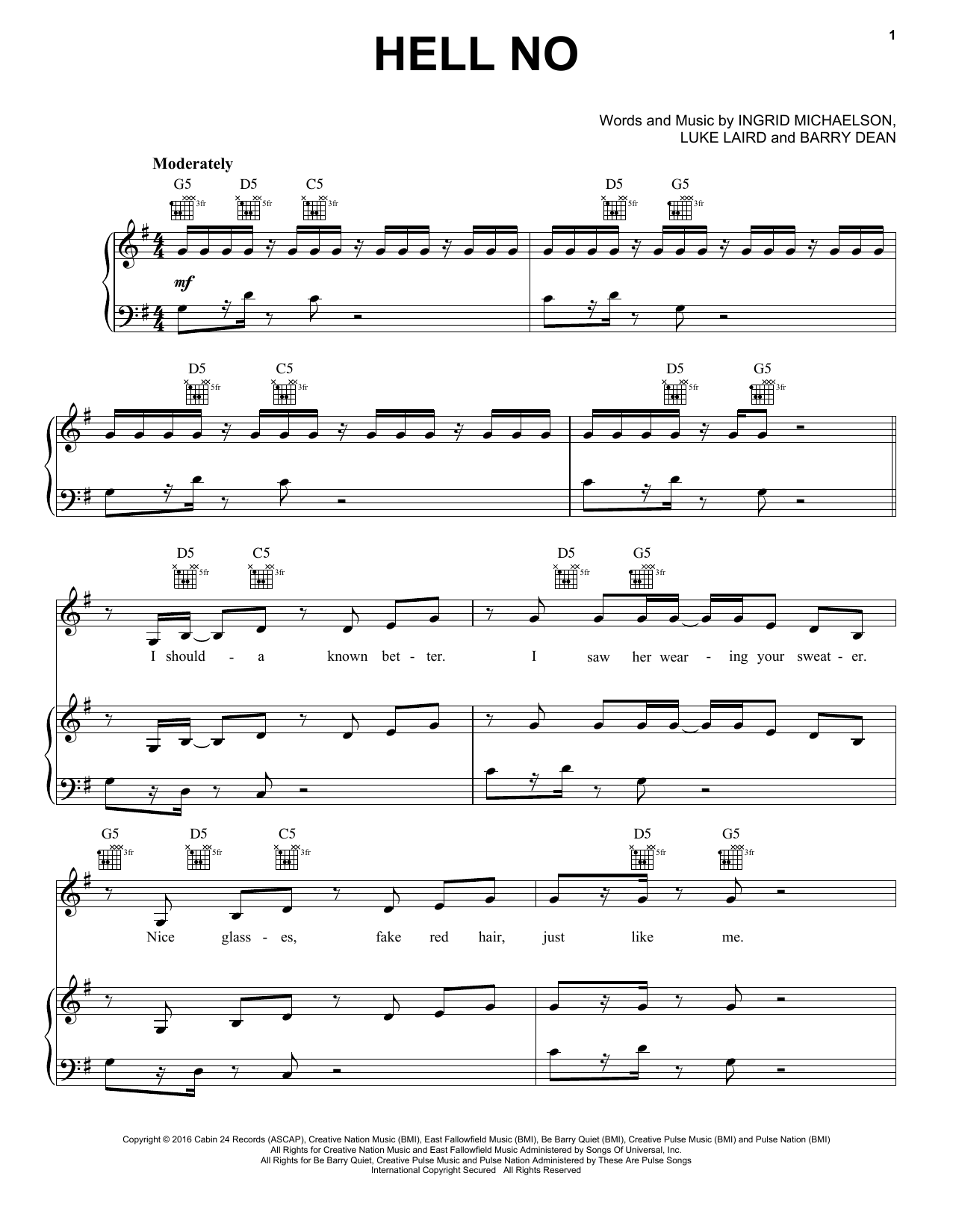 Ingrid Michaelson Hell No Sheet Music Notes & Chords for Piano, Vocal & Guitar (Right-Hand Melody) - Download or Print PDF