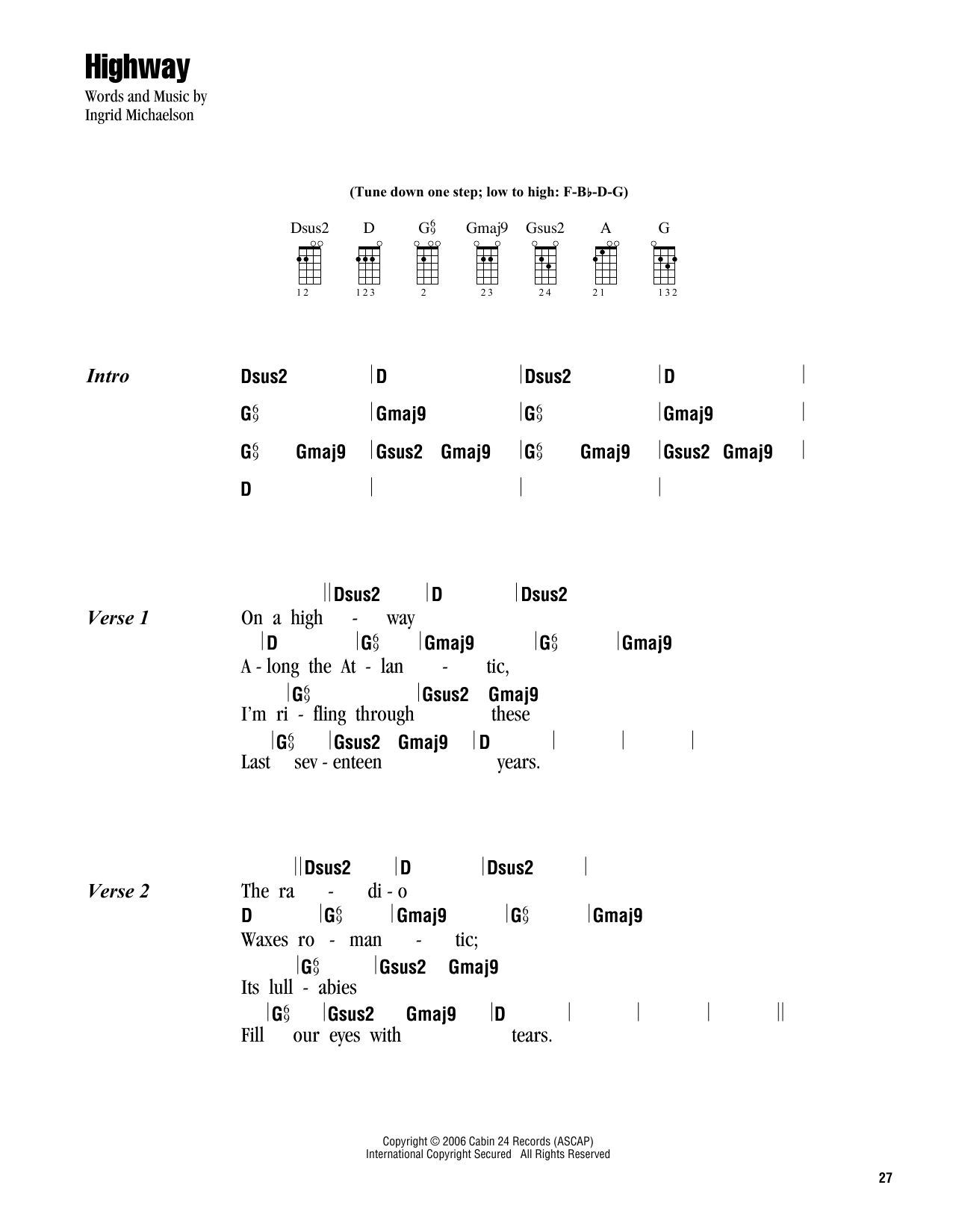 Ingrid Michaelson Highway Sheet Music Notes & Chords for Ukulele with strumming patterns - Download or Print PDF
