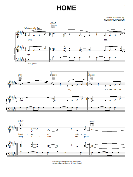 Ingrid Michaelson Home Sheet Music Notes & Chords for Piano, Vocal & Guitar (Right-Hand Melody) - Download or Print PDF