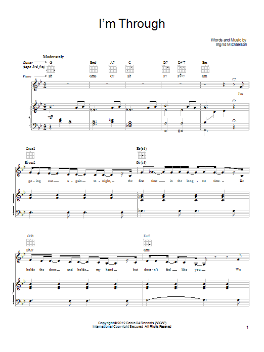 Ingrid Michaelson I'm Through Sheet Music Notes & Chords for Piano, Vocal & Guitar (Right-Hand Melody) - Download or Print PDF