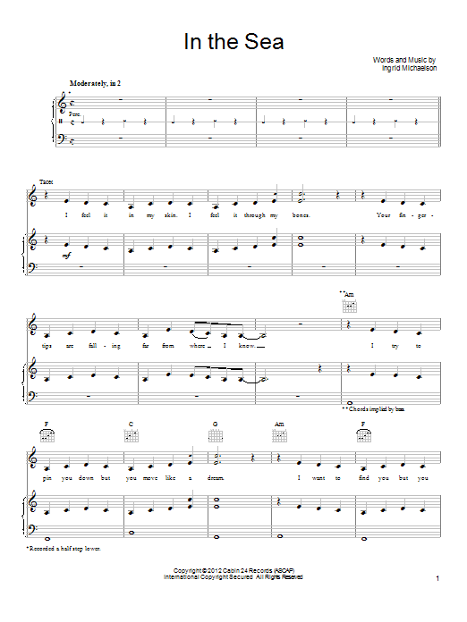 Ingrid Michaelson In The Sea Sheet Music Notes & Chords for Piano, Vocal & Guitar (Right-Hand Melody) - Download or Print PDF