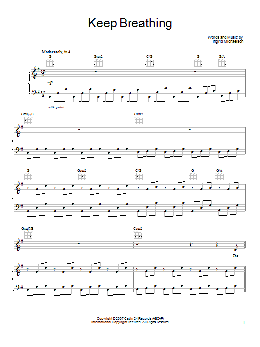 Ingrid Michaelson Keep Breathing Sheet Music Notes & Chords for Piano, Vocal & Guitar (Right-Hand Melody) - Download or Print PDF