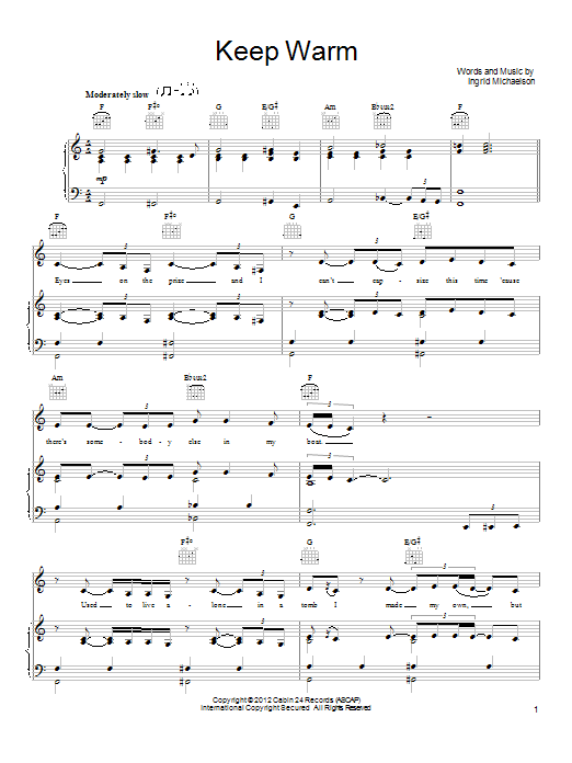 Ingrid Michaelson Keep Warm Sheet Music Notes & Chords for Piano, Vocal & Guitar (Right-Hand Melody) - Download or Print PDF