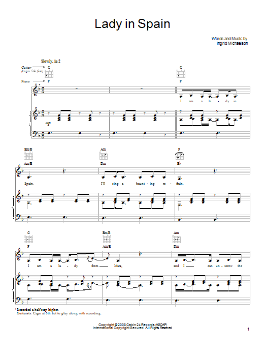 Ingrid Michaelson Lady In Spain Sheet Music Notes & Chords for Ukulele with strumming patterns - Download or Print PDF