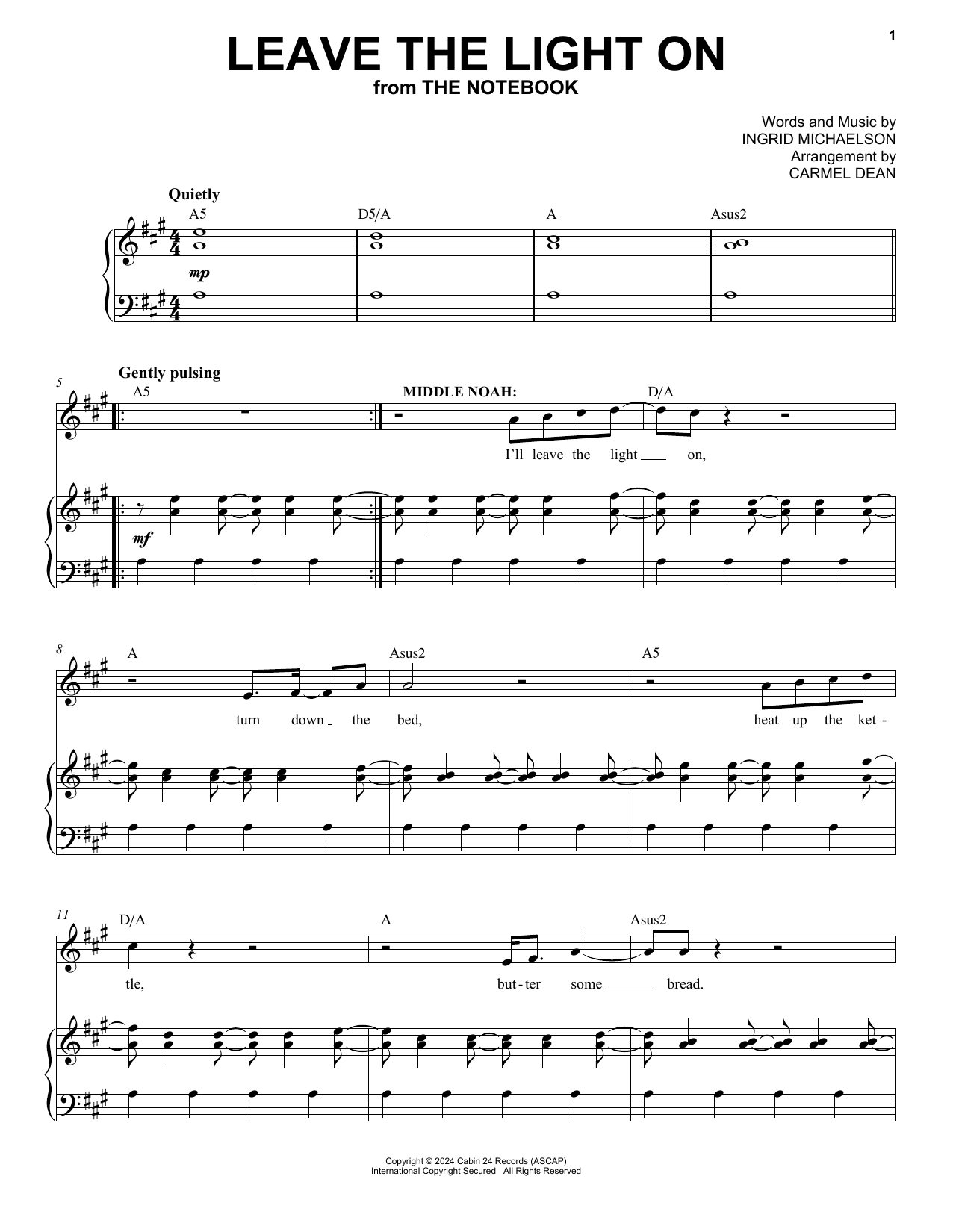 Ingrid Michaelson Leave the Light On (from The Notebook) Sheet Music Notes & Chords for Piano & Vocal - Download or Print PDF