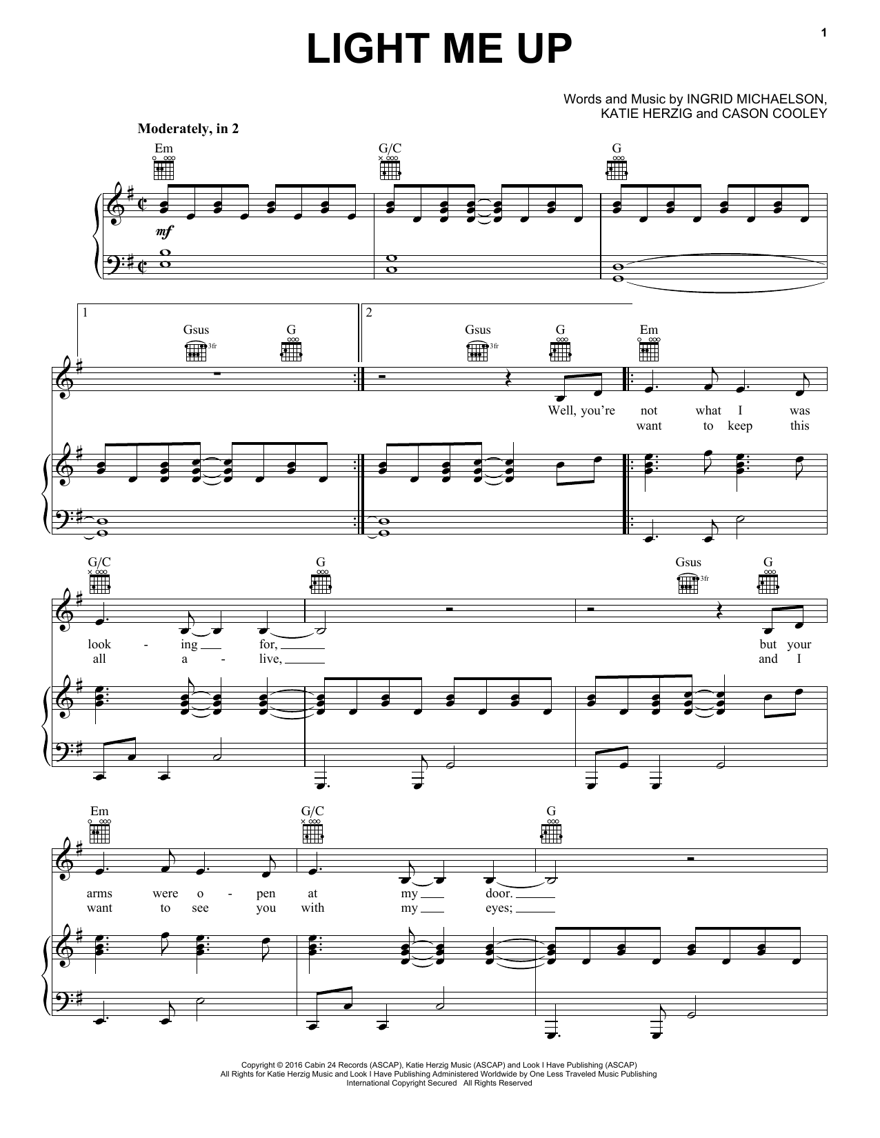 Ingrid Michaelson Light Me Up Sheet Music Notes & Chords for Piano, Vocal & Guitar (Right-Hand Melody) - Download or Print PDF