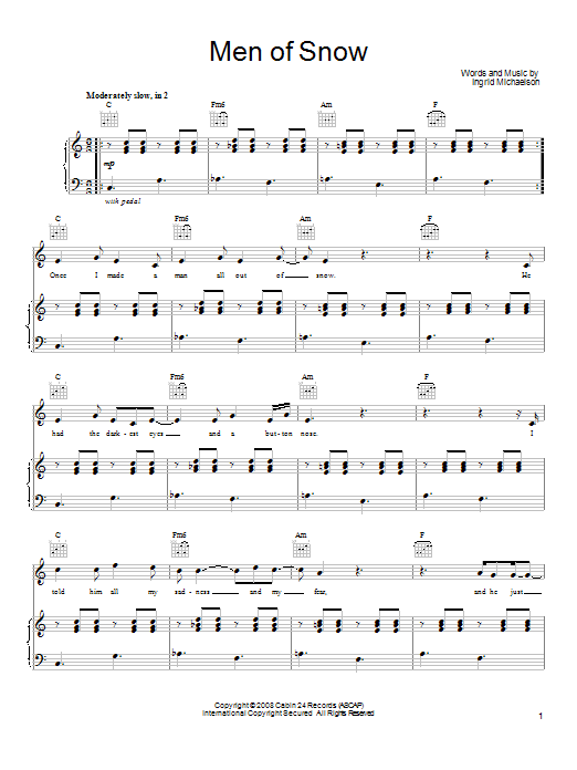 Ingrid Michaelson Men Of Snow Sheet Music Notes & Chords for Piano, Vocal & Guitar (Right-Hand Melody) - Download or Print PDF