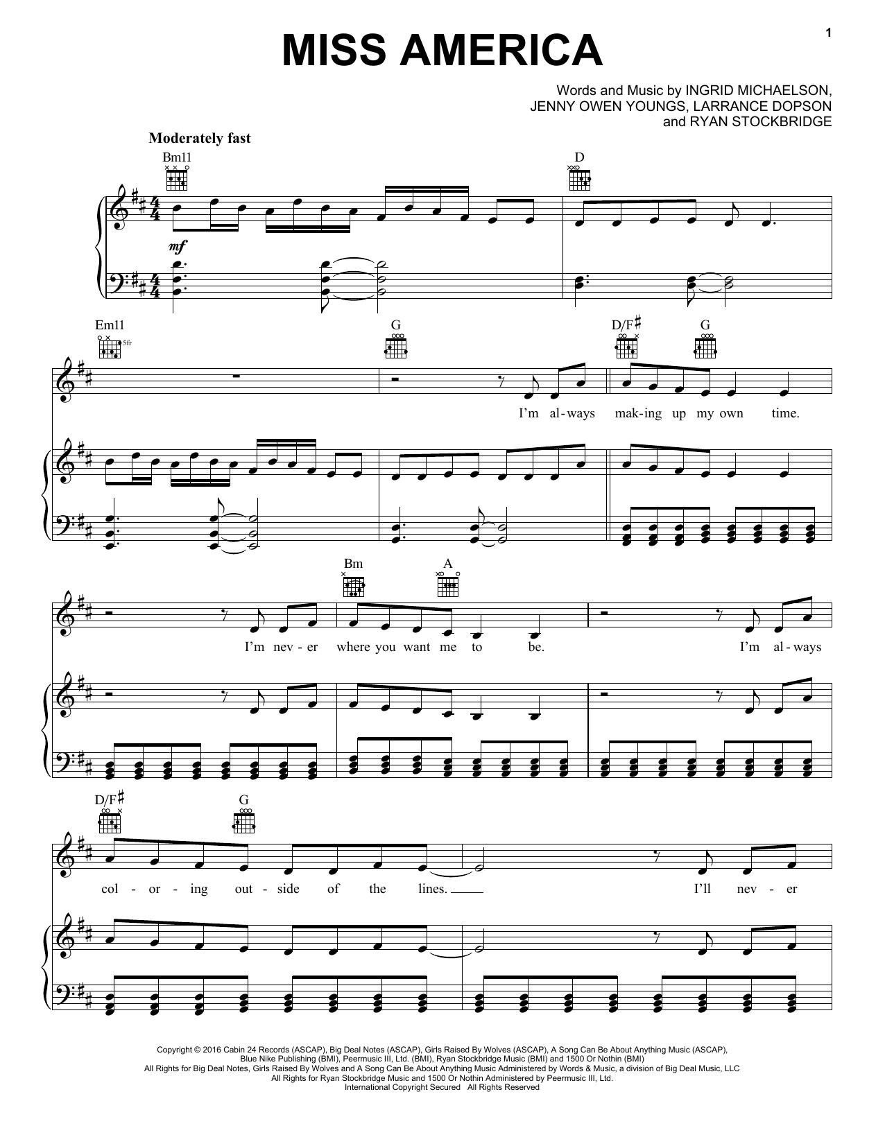 Ingrid Michaelson Miss America Sheet Music Notes & Chords for Piano, Vocal & Guitar (Right-Hand Melody) - Download or Print PDF