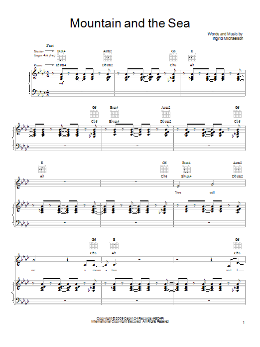 Ingrid Michaelson Mountain And The Sea Sheet Music Notes & Chords for Piano, Vocal & Guitar (Right-Hand Melody) - Download or Print PDF