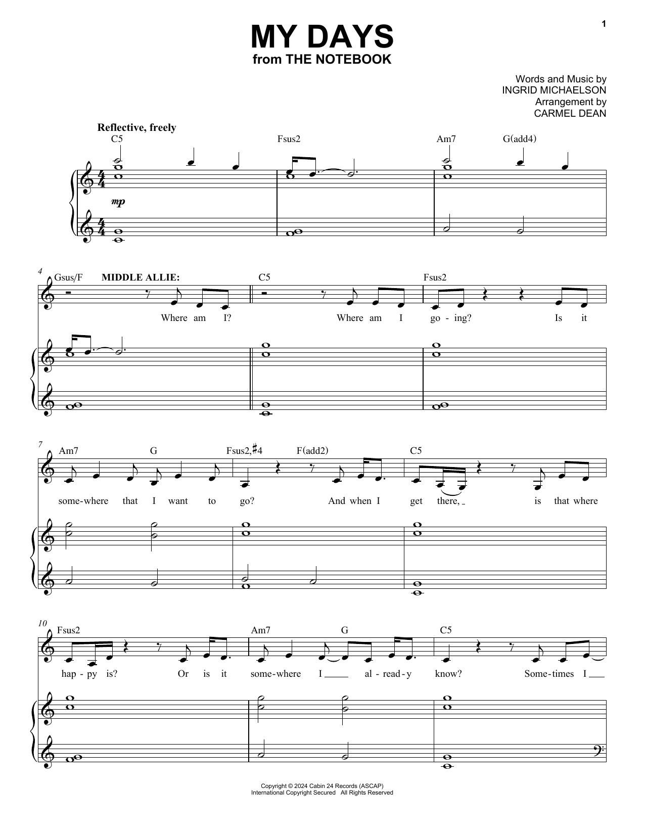 Ingrid Michaelson My Days (from The Notebook) Sheet Music Notes & Chords for Easy Piano - Download or Print PDF