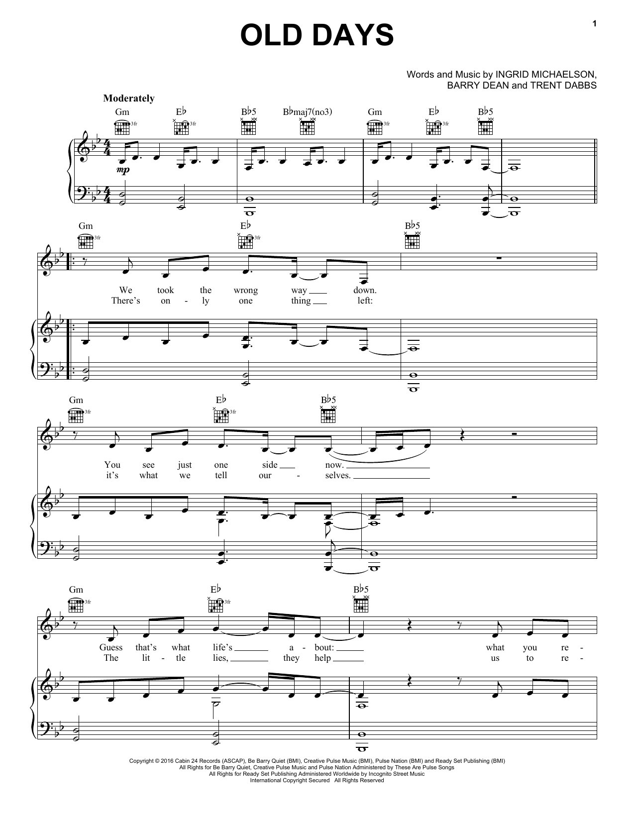 Ingrid Michaelson Old Days Sheet Music Notes & Chords for Piano, Vocal & Guitar (Right-Hand Melody) - Download or Print PDF