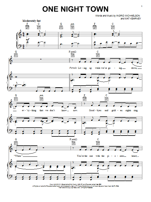 Ingrid Michaelson One Night Town Sheet Music Notes & Chords for Piano, Vocal & Guitar (Right-Hand Melody) - Download or Print PDF